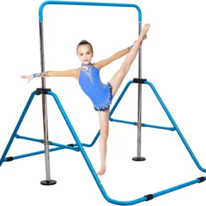 Blue and pink foldable gymnastics bar for kids set up in a home living room