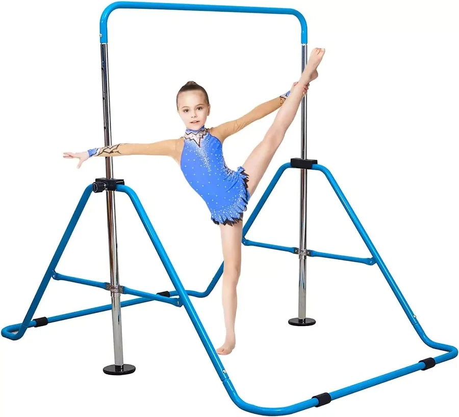 Blue and pink foldable gymnastics bar for kids set up in a home living room