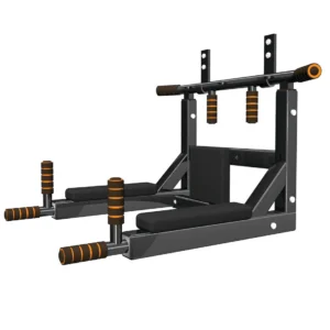 Black heavy duty wall mounted pull up bar and dip station with arm cushions