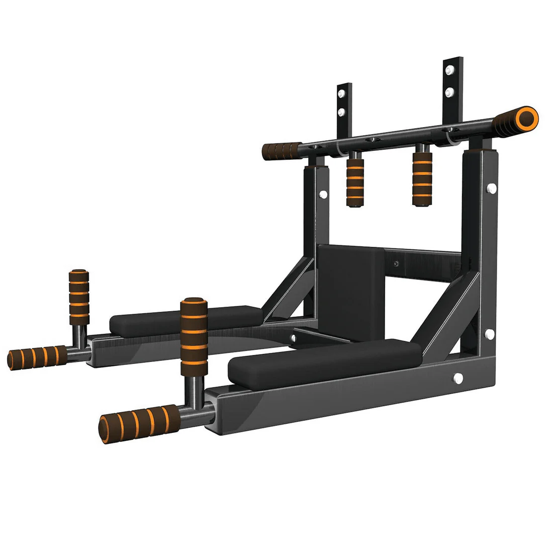 Black heavy duty wall mounted pull up bar and dip station with arm cushions
